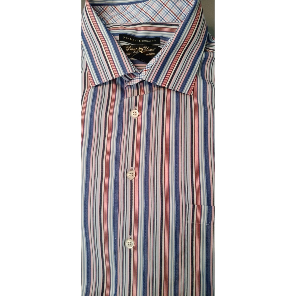 Pronto Uomo Mens Shirt XXL  Button Down Long Sleeve Stripe Plaid  Classic Preppy